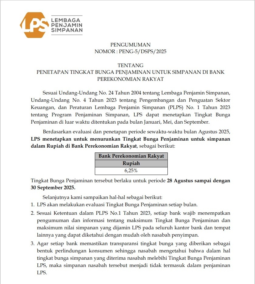 Suku Bunga LPS Agustus 2025